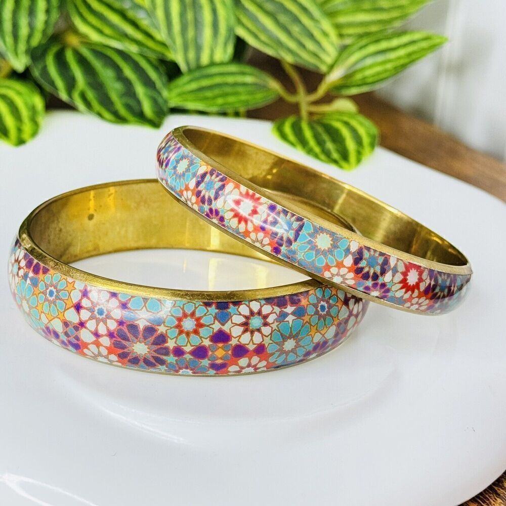 2 Vintage Brass Bracelet Bangle Floral Colorful Cottage Core Tel Blue Red